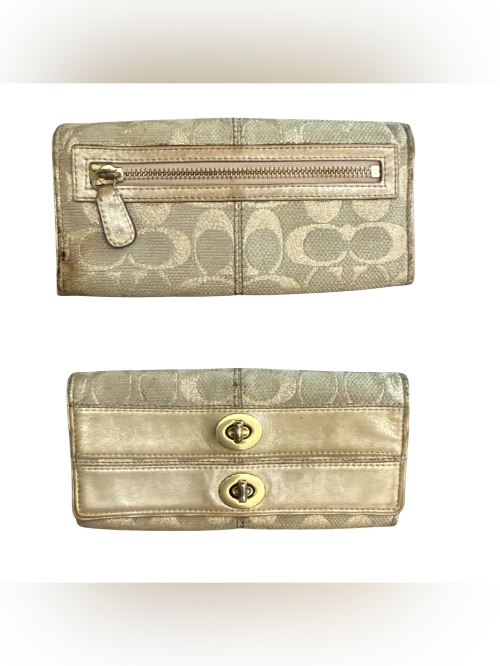 Coach Signature Wallet in Metallic Champagne Gold Glam Vintage Y2K Billfold Used